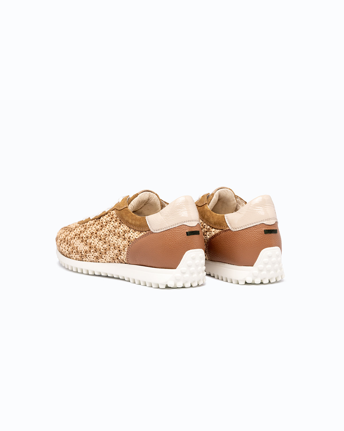 Brown, beige velour and woven fabric DLS sneakers, shown in a studio still life.