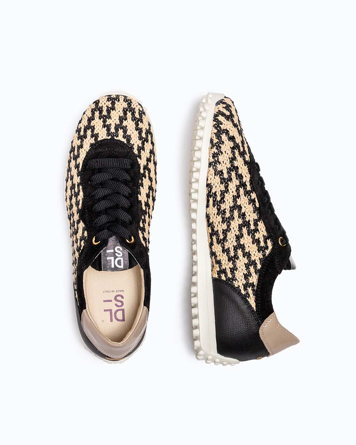 Black, beige velour and woven fabric DLS sneakers, shown in a studio still life.
