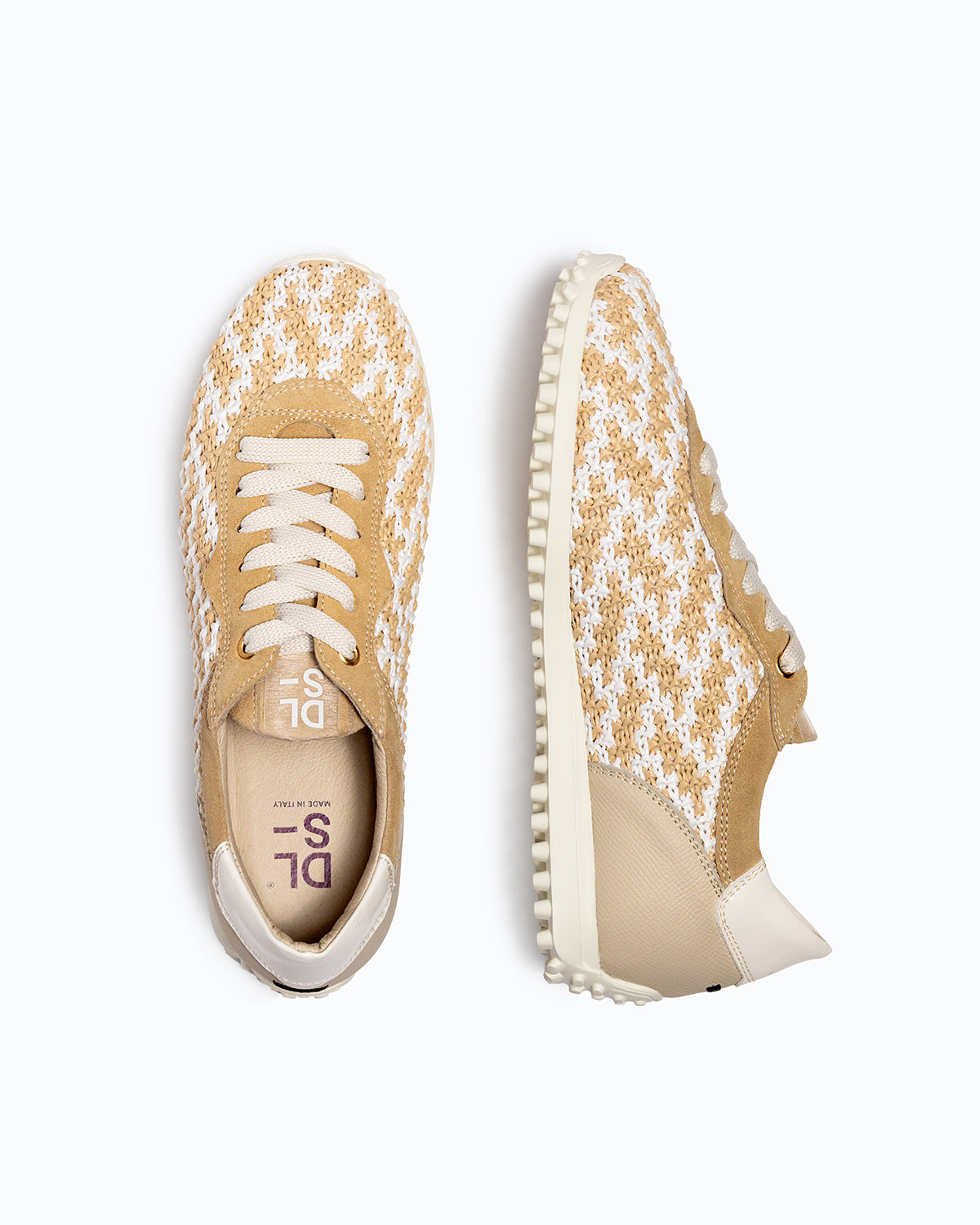 Beige and white velour and woven fabric DLS sneakers, shown in a studio still life.
