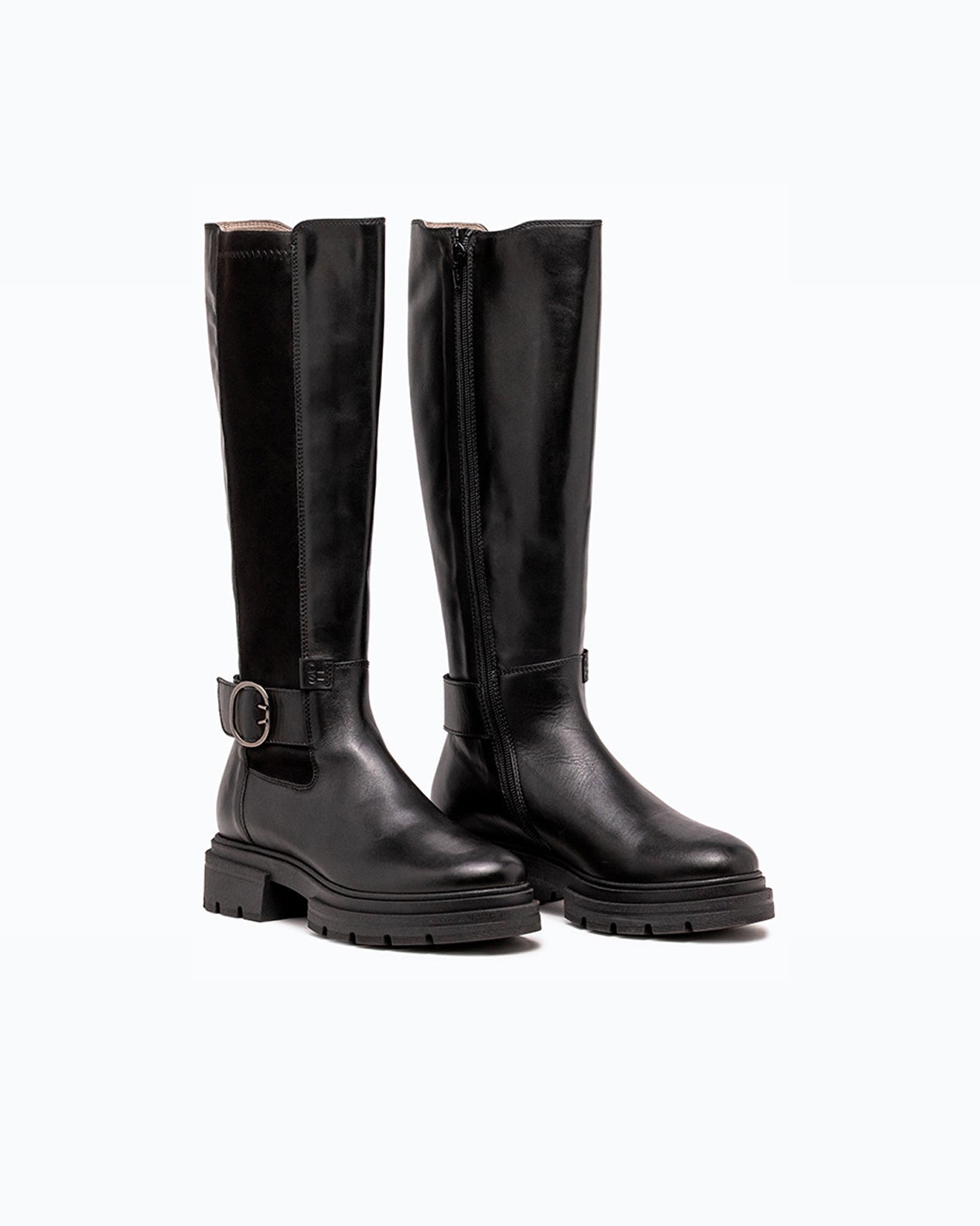 Black nappa leather DLS boots, shown in a studio still life.