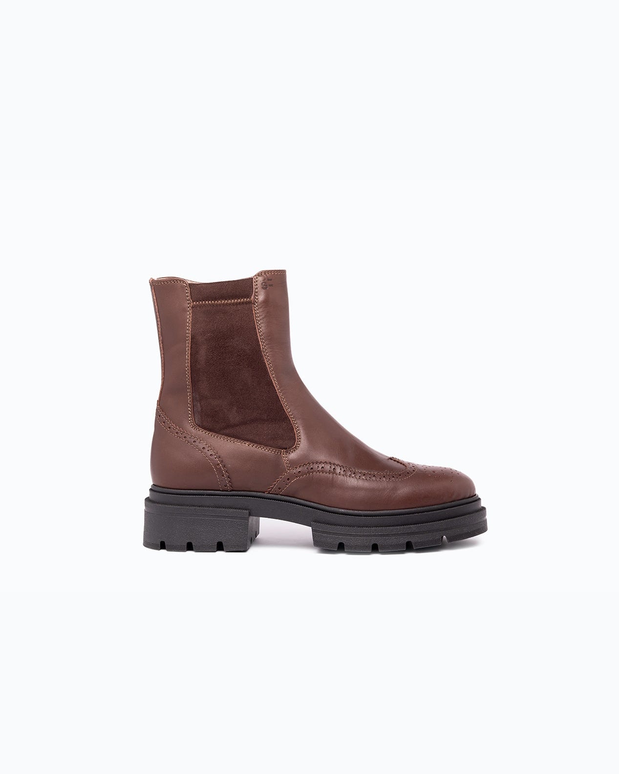 Black, brown velour DLS ankle boots, shown in a studio still life.