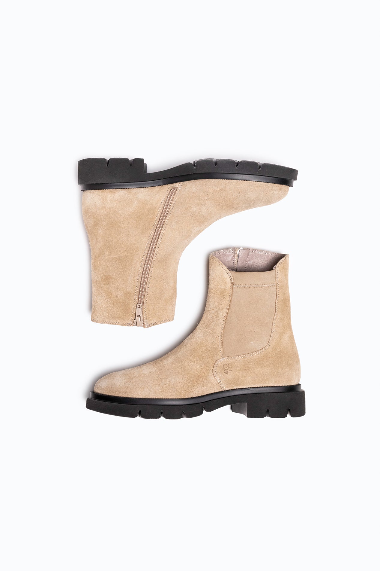 Black, brown velour DLS ankle boots, shown in a studio still life.