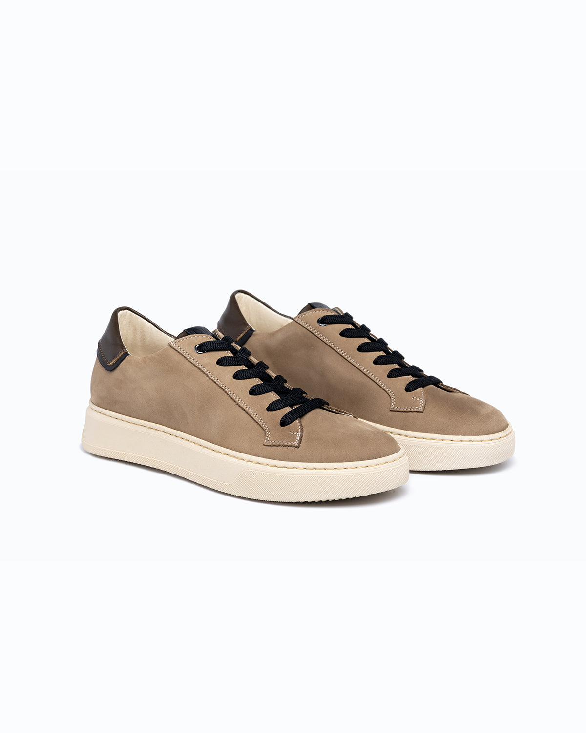 Beige, brown nubuck and nappa leather DLS sneakers, shown in a studio still life.