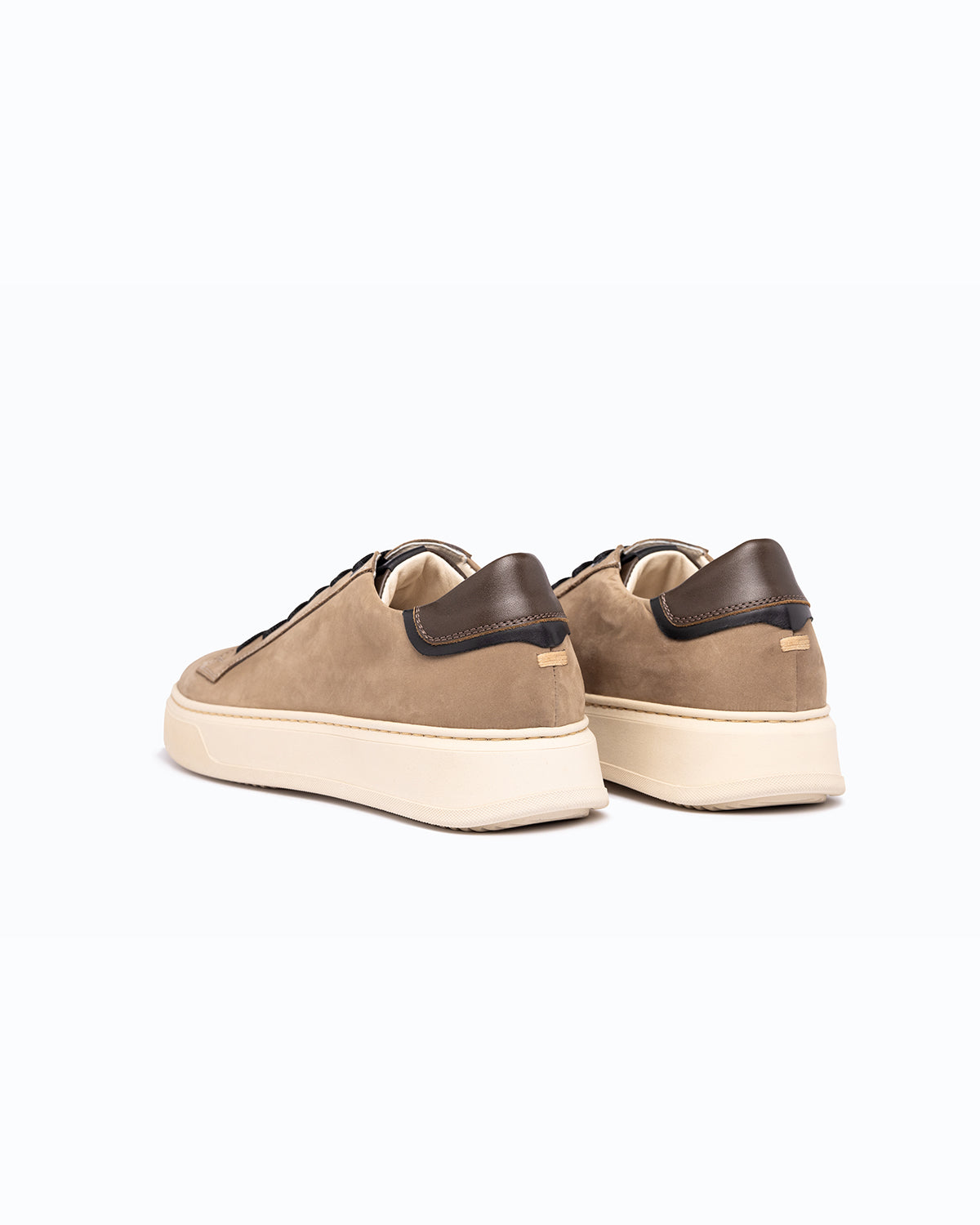 Beige, brown nubuck and nappa leather DLS sneakers, shown in a studio still life.