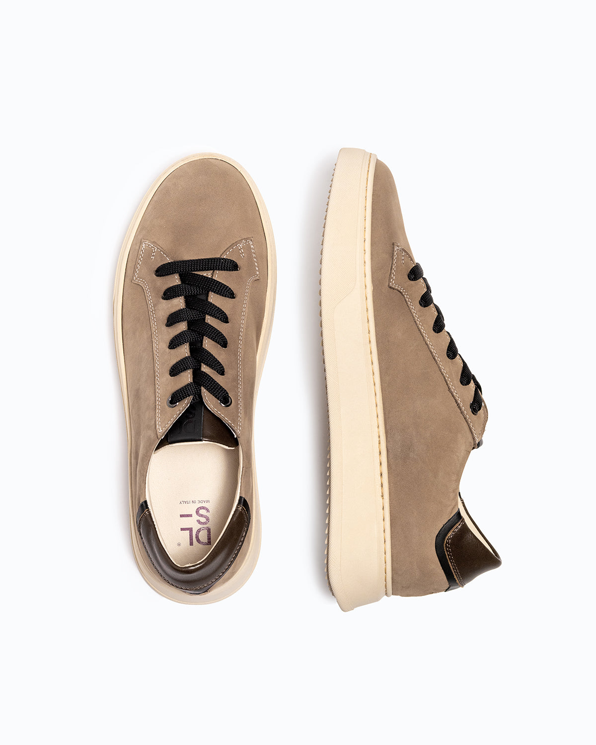 Beige, brown nubuck and nappa leather DLS sneakers, shown in a studio still life.