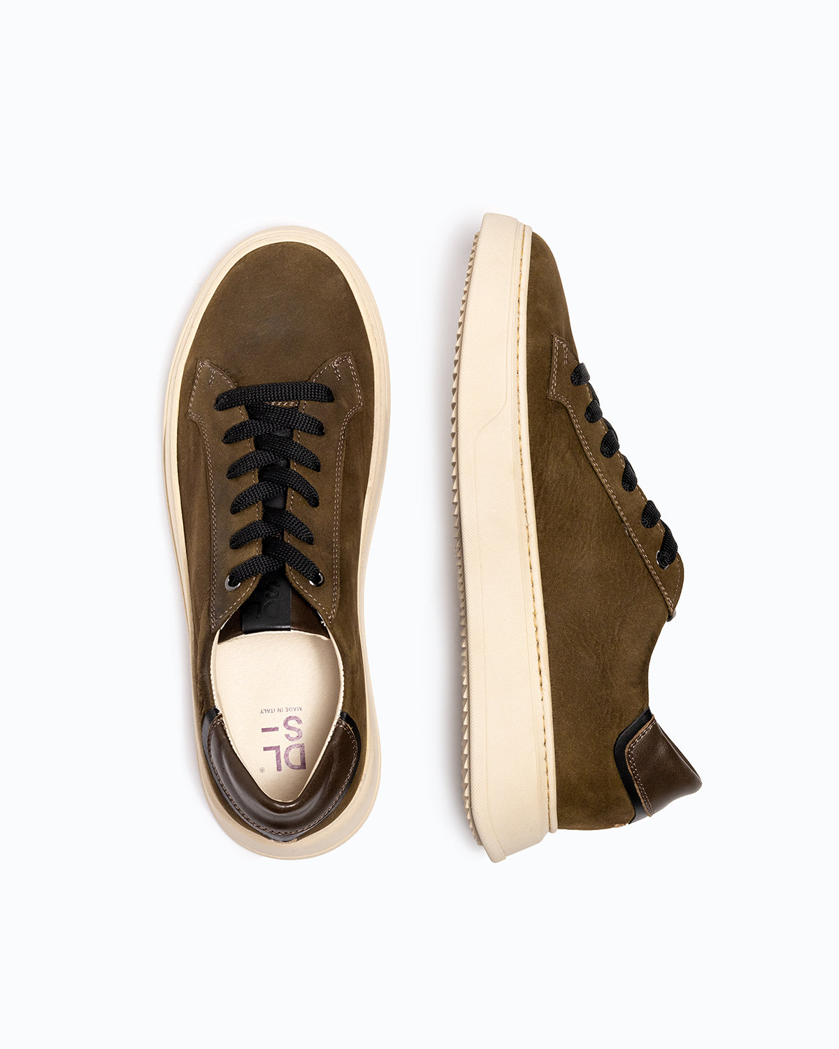 Black, brown nubuck and nappa leather DLS sneakers, shown in a studio still life.