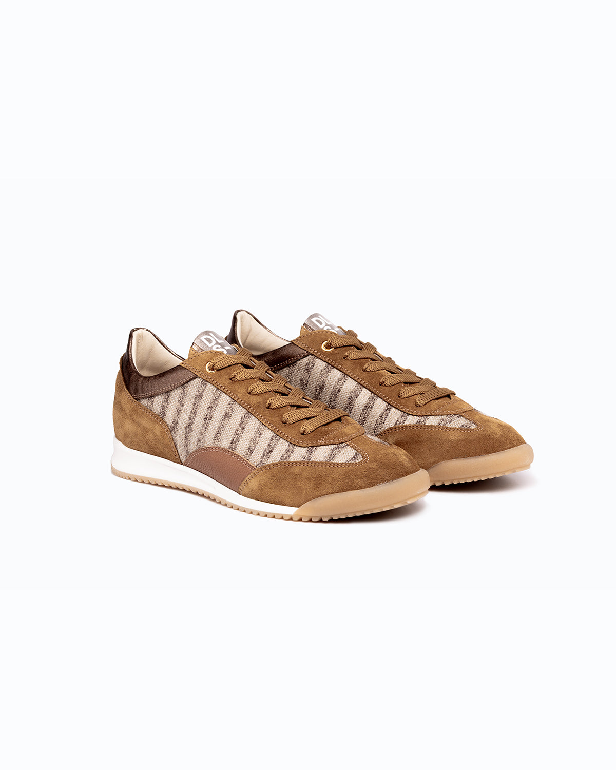 Brown velour and woven fabric DLS sneakers with side zip, shown in a studio still life.
