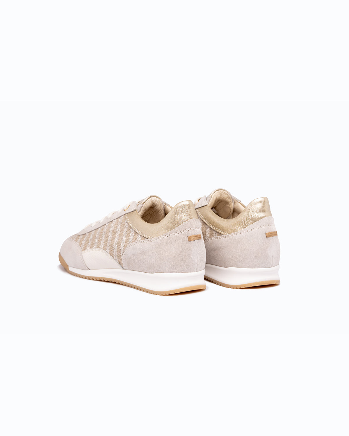 Off-white, platinum velour and woven fabric DLS sneakers with side zip, shown in a studio still life.