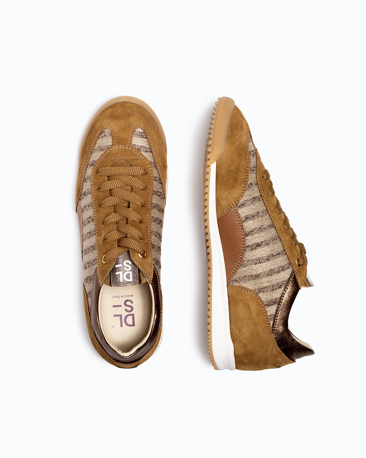 Brown velour and woven fabric DLS sneakers with side zip, shown in a studio still life.
