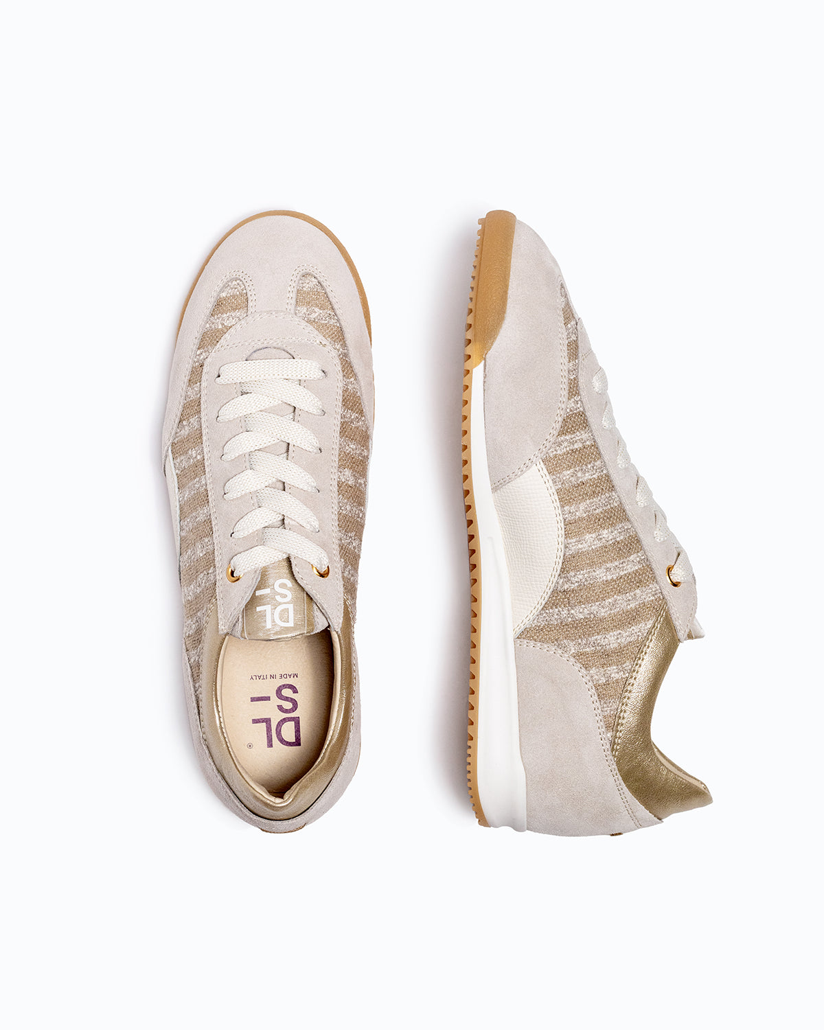 Off-white, platinum velour and woven fabric DLS sneakers with side zip, shown in a studio still life.