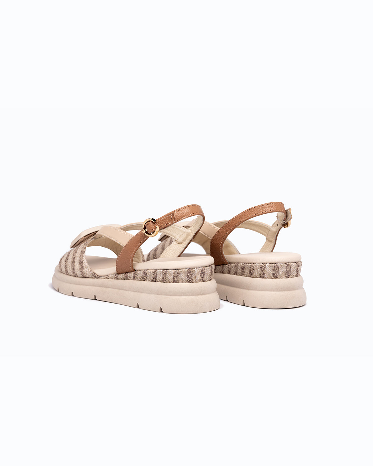 Beige, brown woven fabric and nappa leather DLS sandals with side zip, shown in a studio still life.
