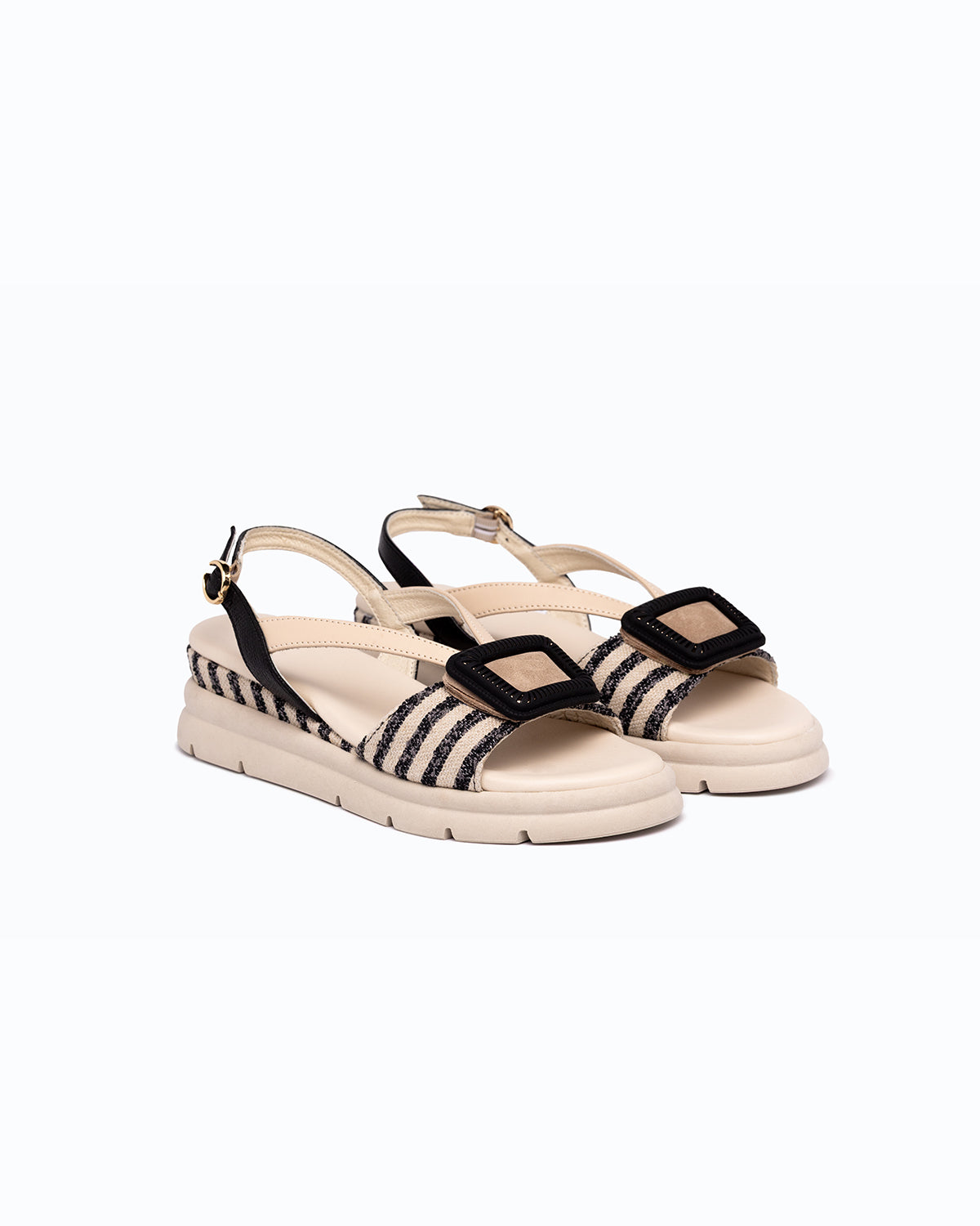 Black, beige woven fabric and nappa leather DLS sandals with side zip, shown in a studio still life.