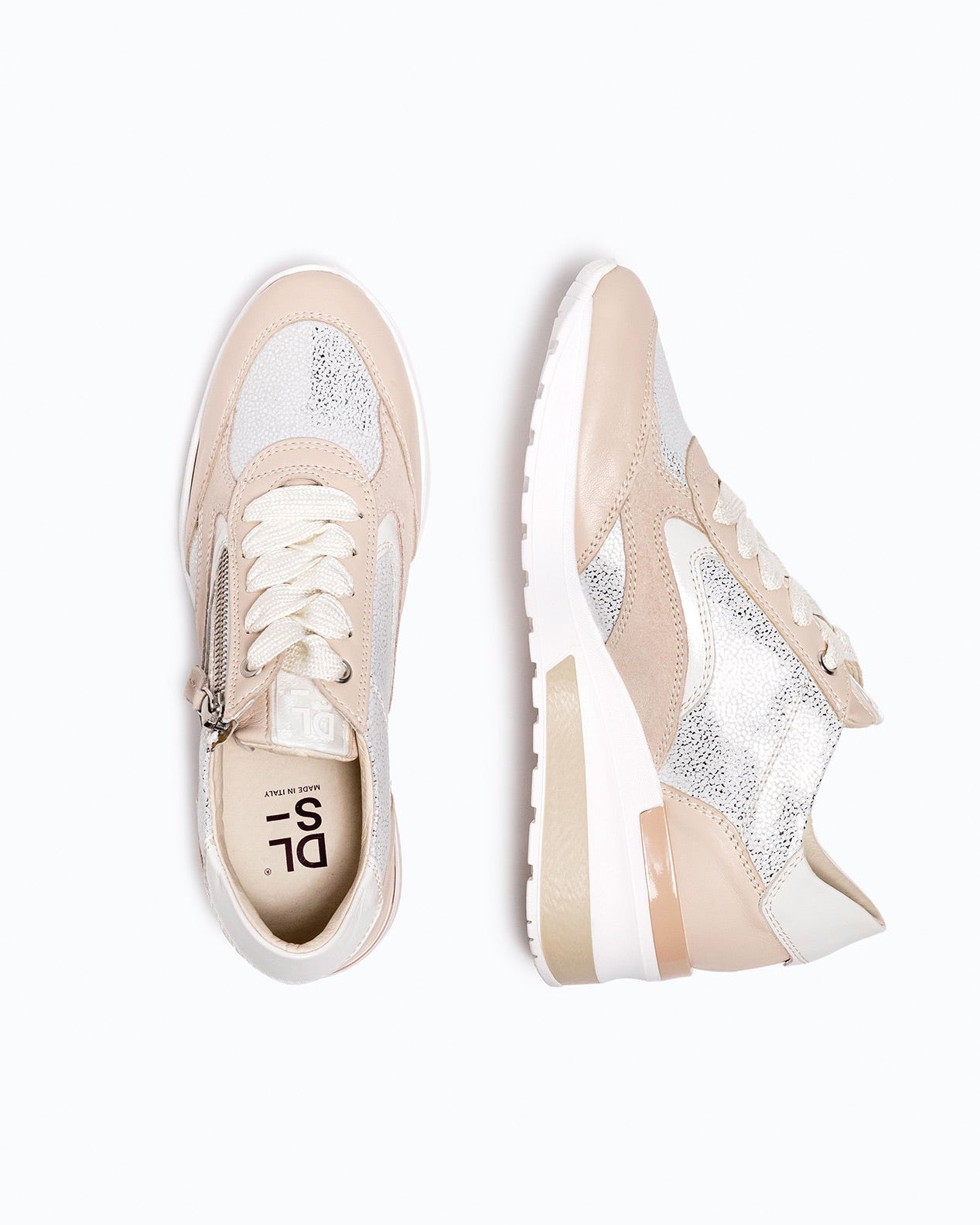 White, pink, silver nappa leather DLS sneakers, shown in a studio still life.