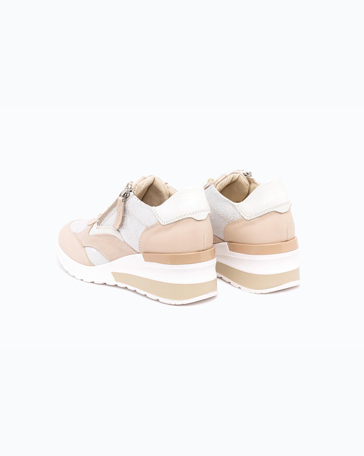 White, pink, silver nappa leather DLS sneakers, shown in a studio still life.