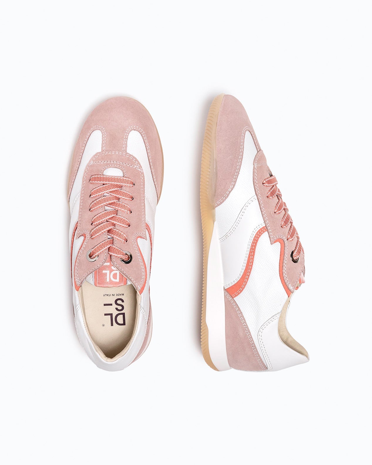 White, pink nappa leather and suede DLS sneakers, shown in a studio still life.