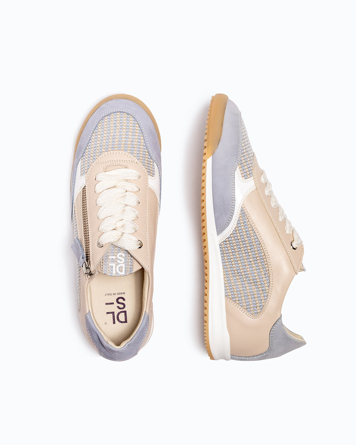 Sky blue, ecru nubuck and leather DLS sneakers, shown in a studio still life.