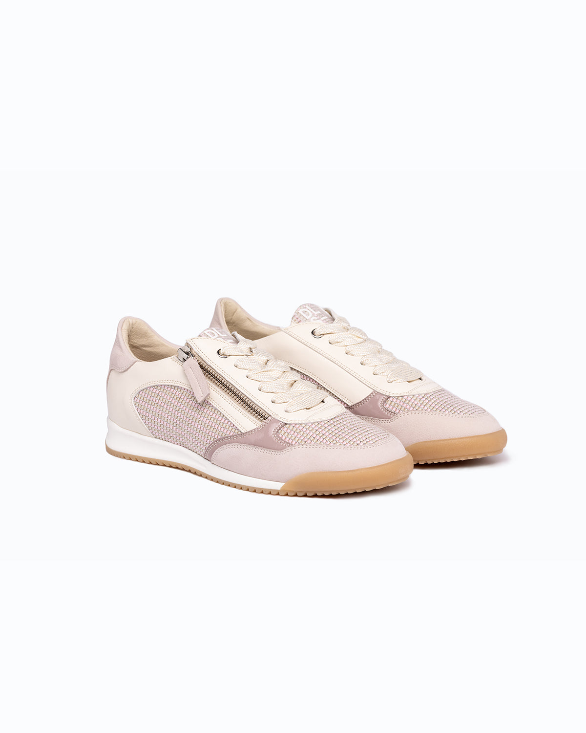 Pink, off-white nubuck and leather DLS sneakers, shown in a studio still life.