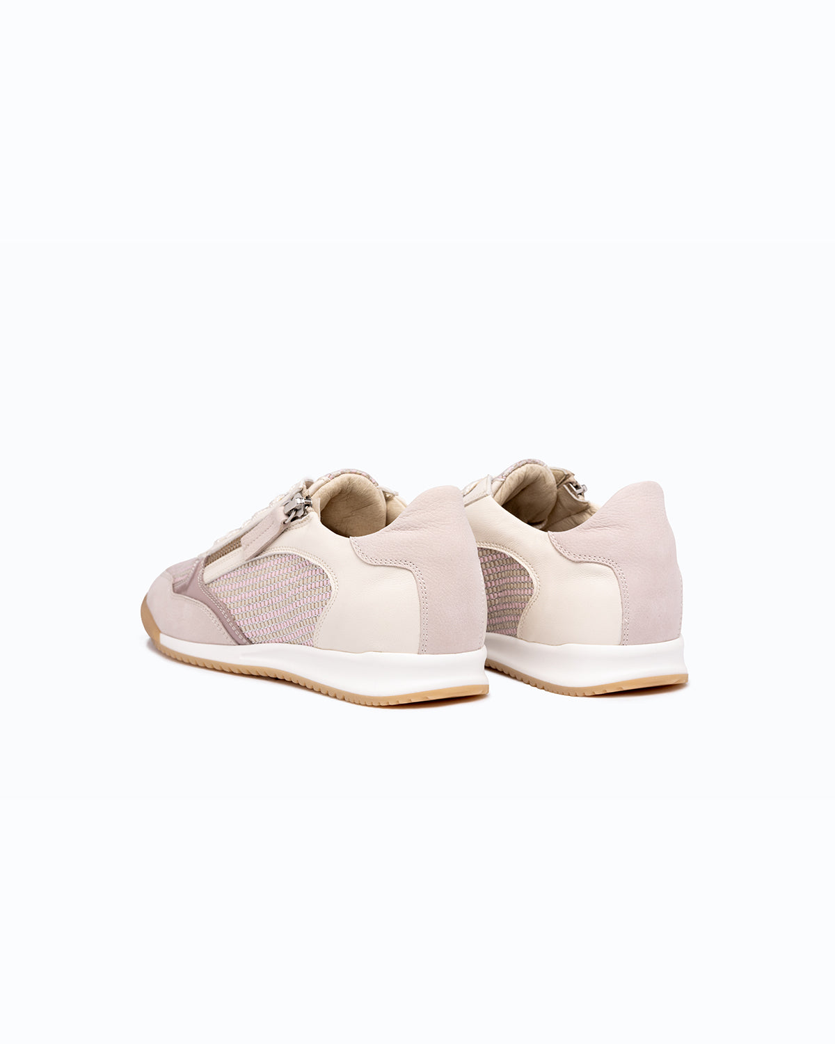 Pink, off-white nubuck and leather DLS sneakers, shown in a studio still life.
