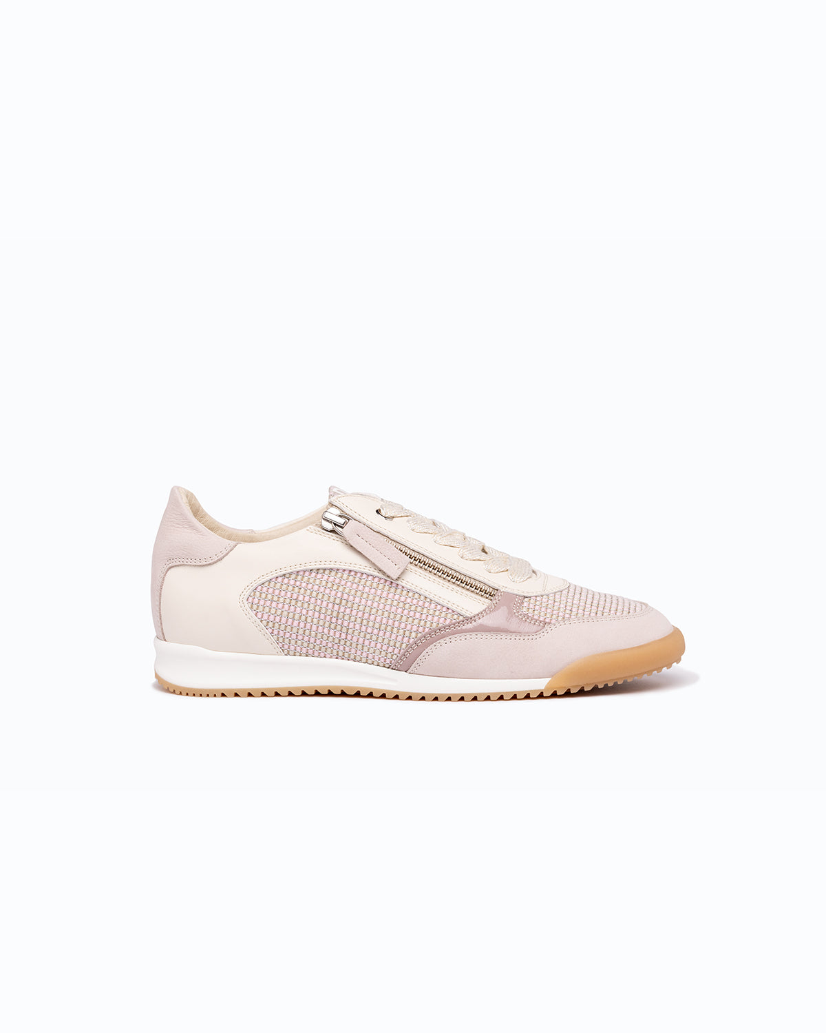 Pink, off-white nubuck and leather DLS sneakers, shown in a studio still life.
