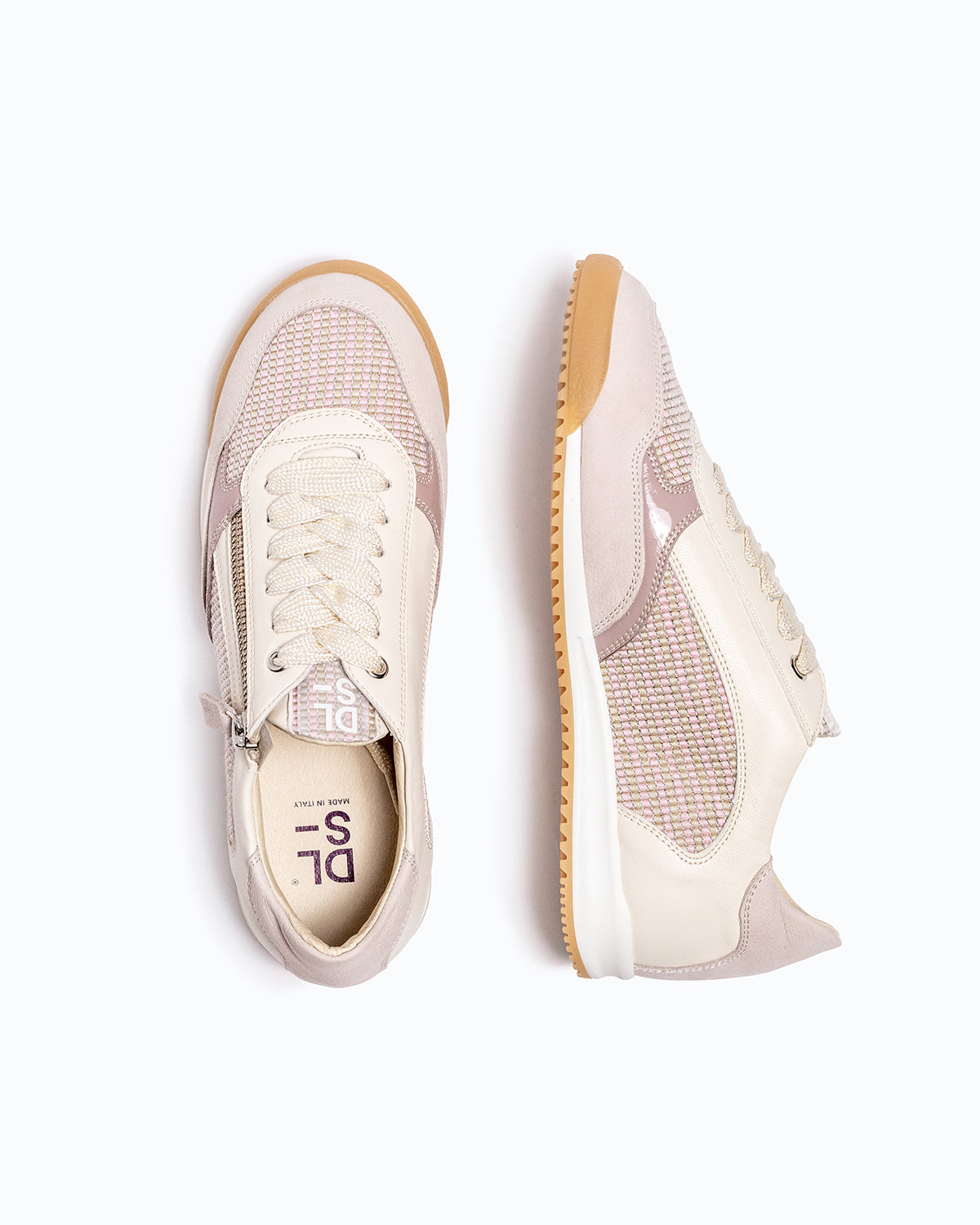 Pink, off-white nubuck and leather DLS sneakers, shown in a studio still life.