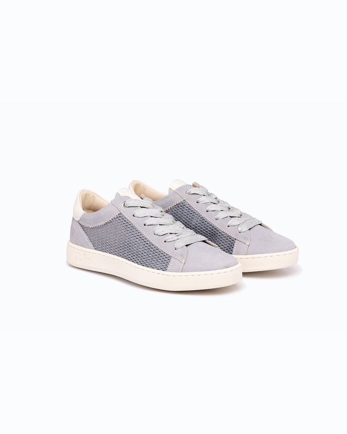 Blue, grey, white nubuck and woven fabric DLS sneakers, shown in a studio still life.