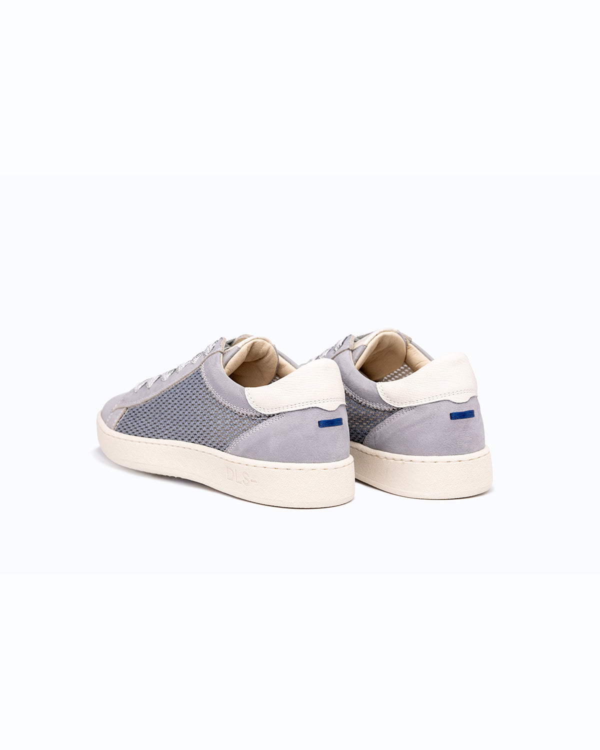 Blue, grey, white nubuck and woven fabric DLS sneakers, shown in a studio still life.