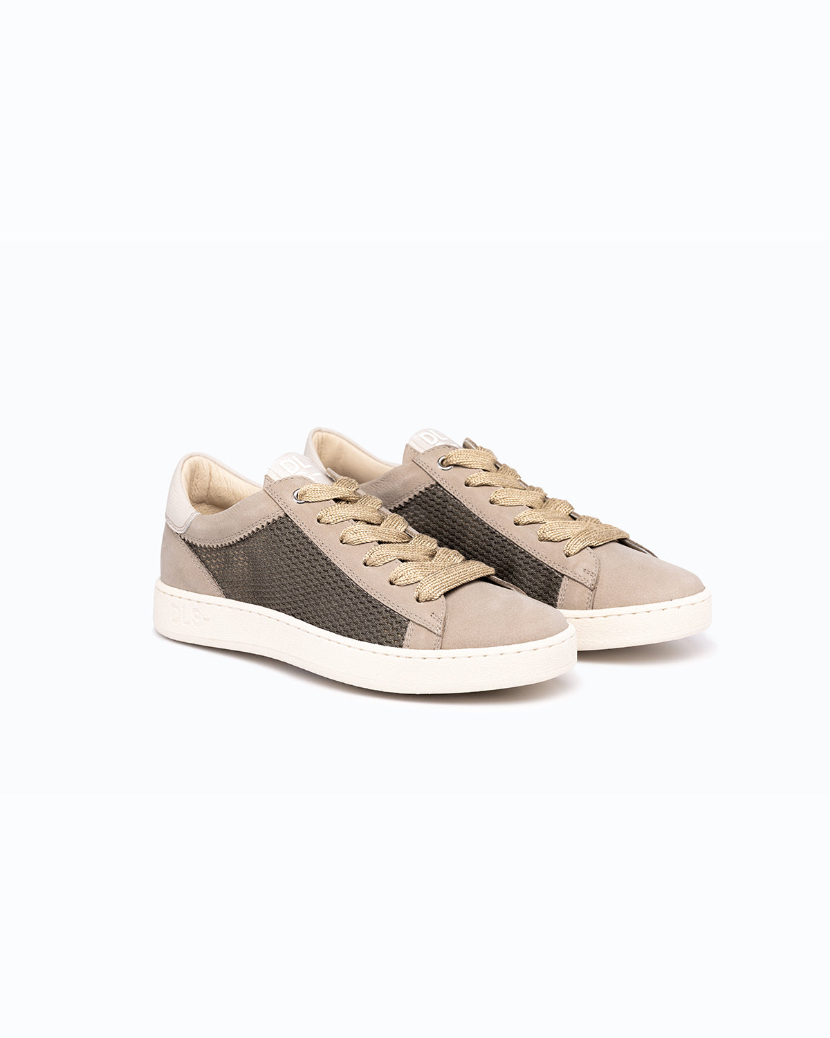 Green, grey, white nubuck and woven fabric DLS sneakers, shown in a studio still life.