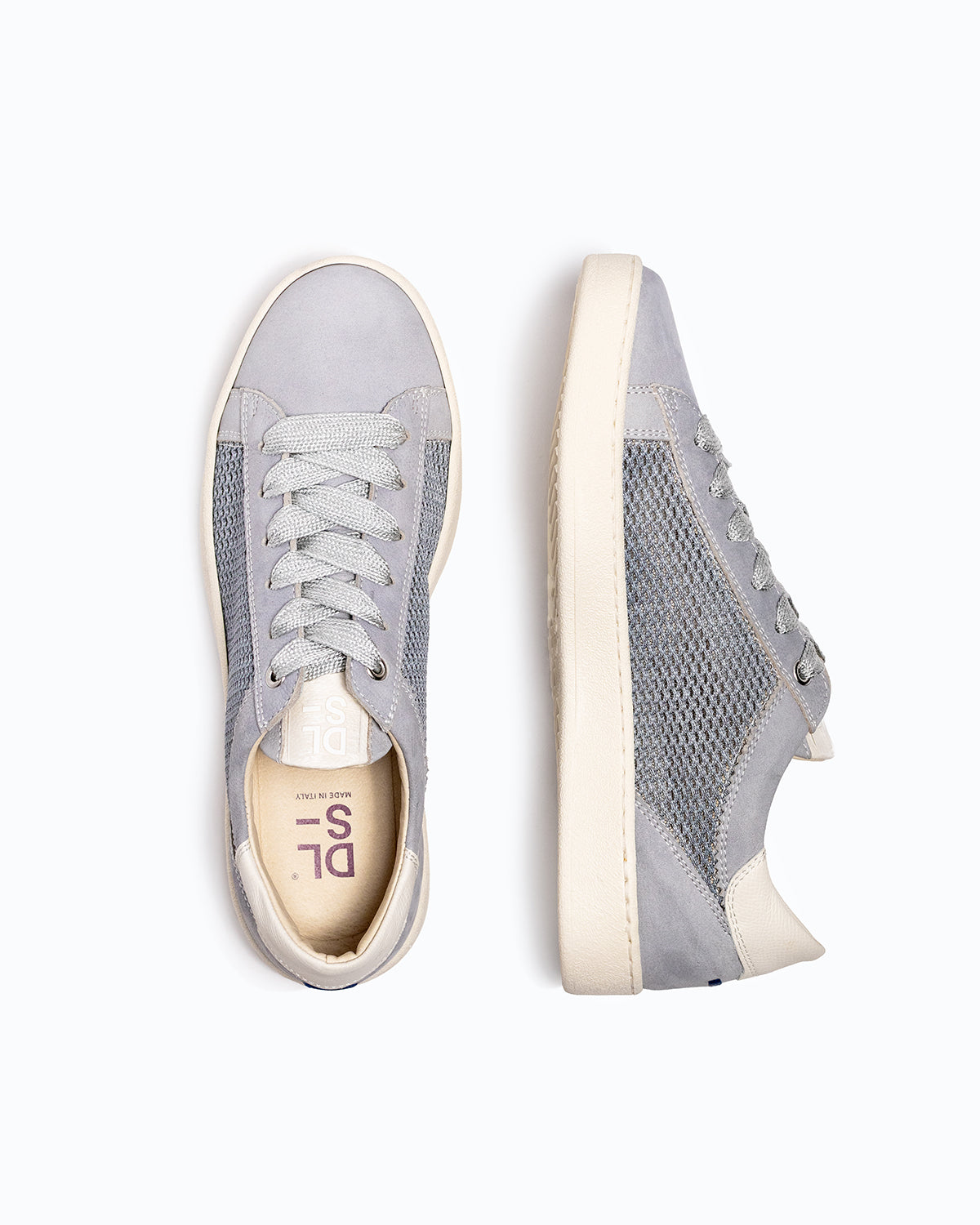 Blue, grey, white nubuck and woven fabric DLS sneakers, shown in a studio still life.