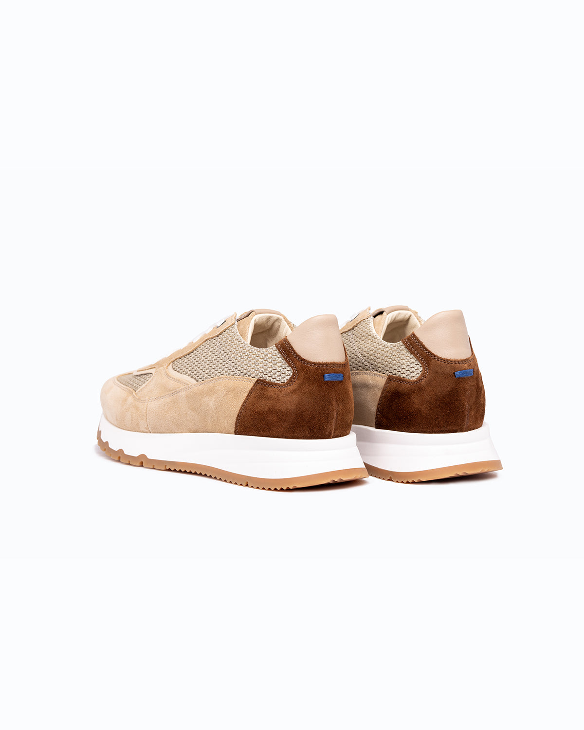 Brown, beige velour DLS sneakers, shown in a studio still life.