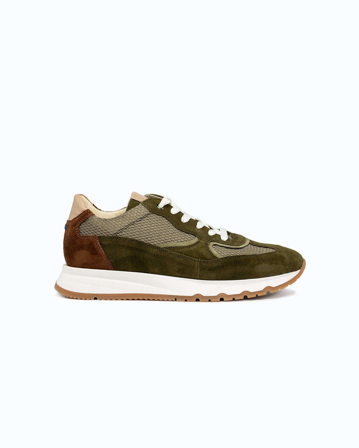 Green, brown, beige velour DLS sneakers, shown in a studio still life.