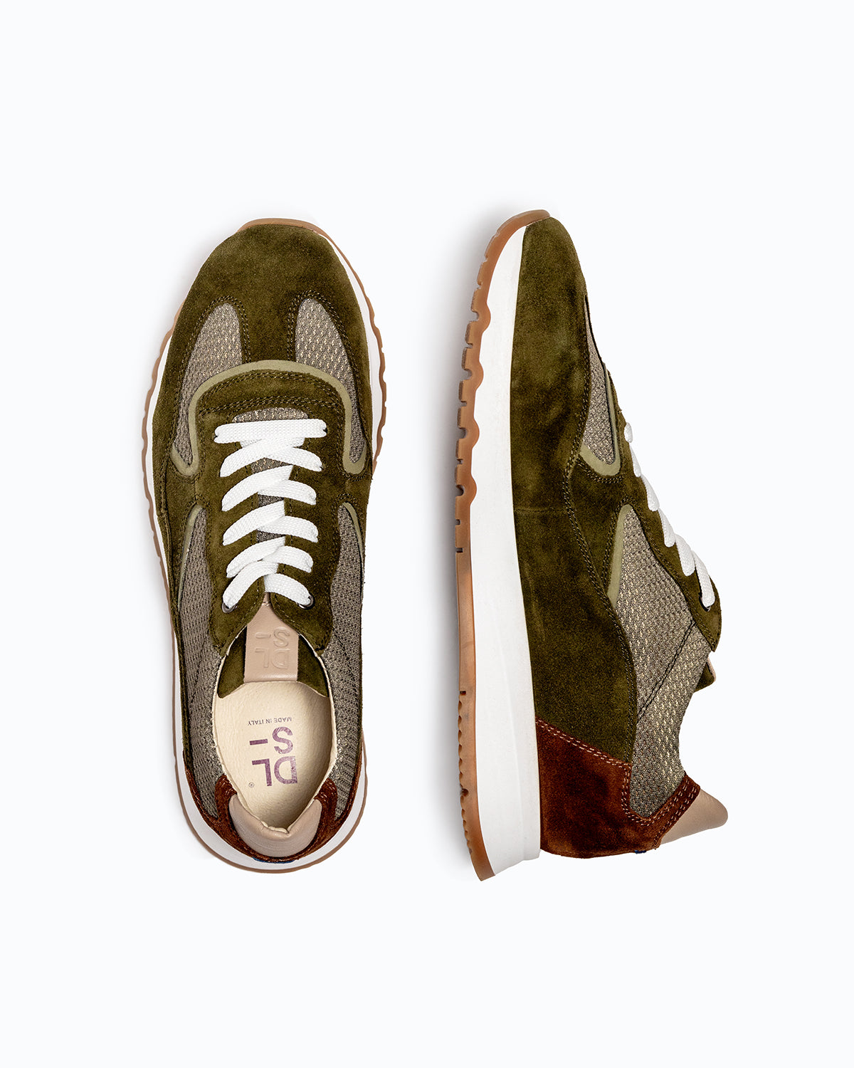 Green, brown, beige velour DLS sneakers, shown in a studio still life.