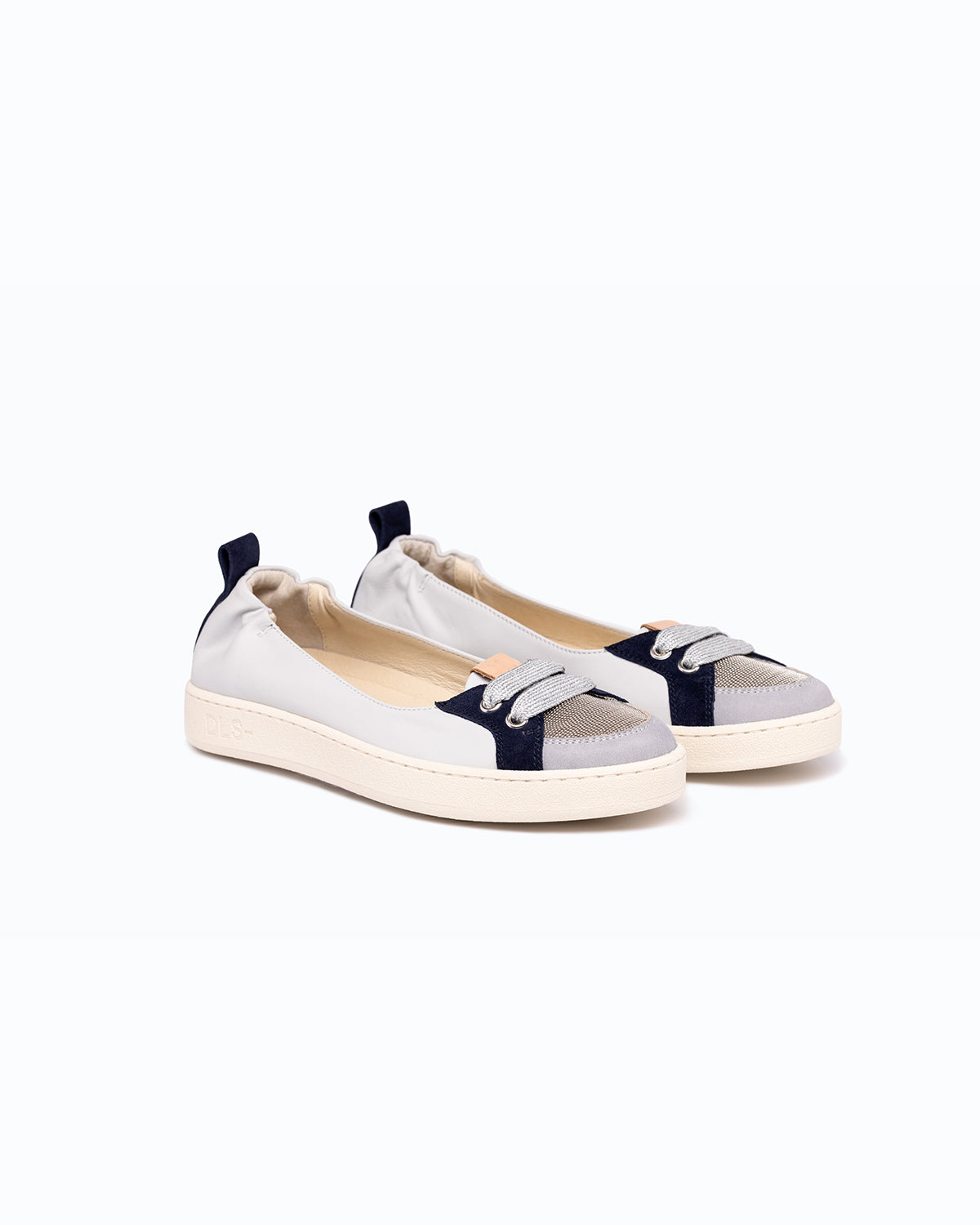 Sky blue, navy nappa leather and nubuck DLS ballet flats, shown in a studio still life.