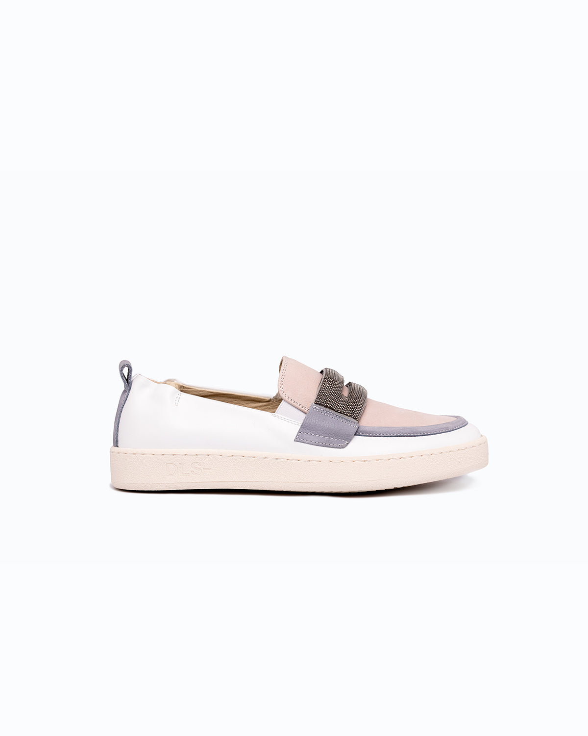 White, pink, blue nappa leather and nubuck DLS loafers, shown in a studio still life.