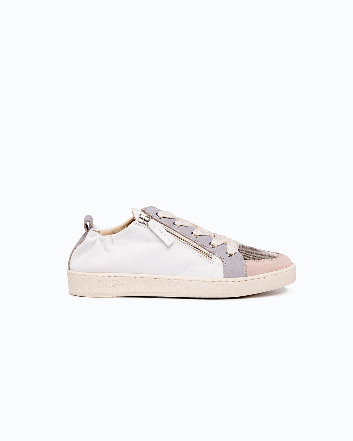 Off-white, grey, pink nappa leather and nubuck DLS sneakers, shown in a studio still life.