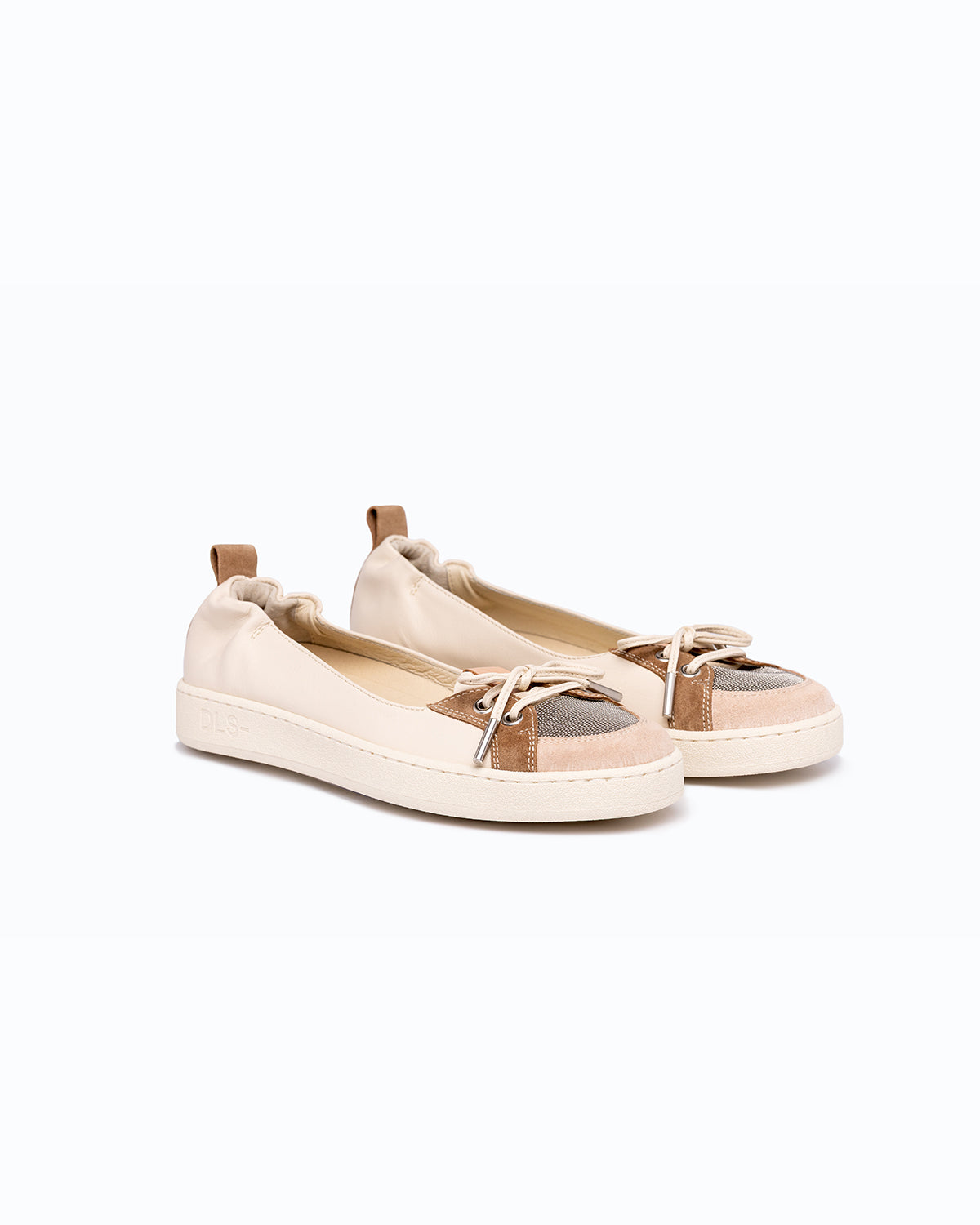 Off-white, beige, silver nappa leather and velour DLS ballet flats, shown in a studio still life.