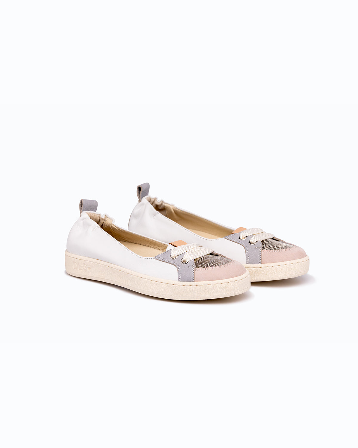 White, blue, pink nappa leather and velour DLS ballet flats, shown in a studio still life.