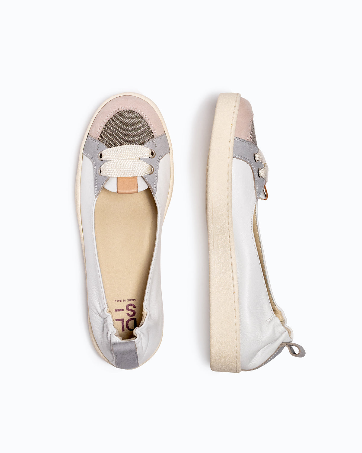 White, blue, pink nappa leather and velour DLS ballet flats, shown in a studio still life.