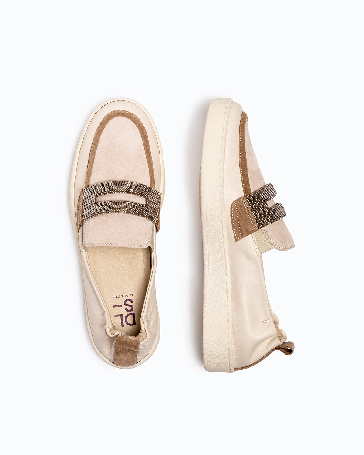 Off-white, silver nappa leather and velour DLS loafers, shown in a studio still life.