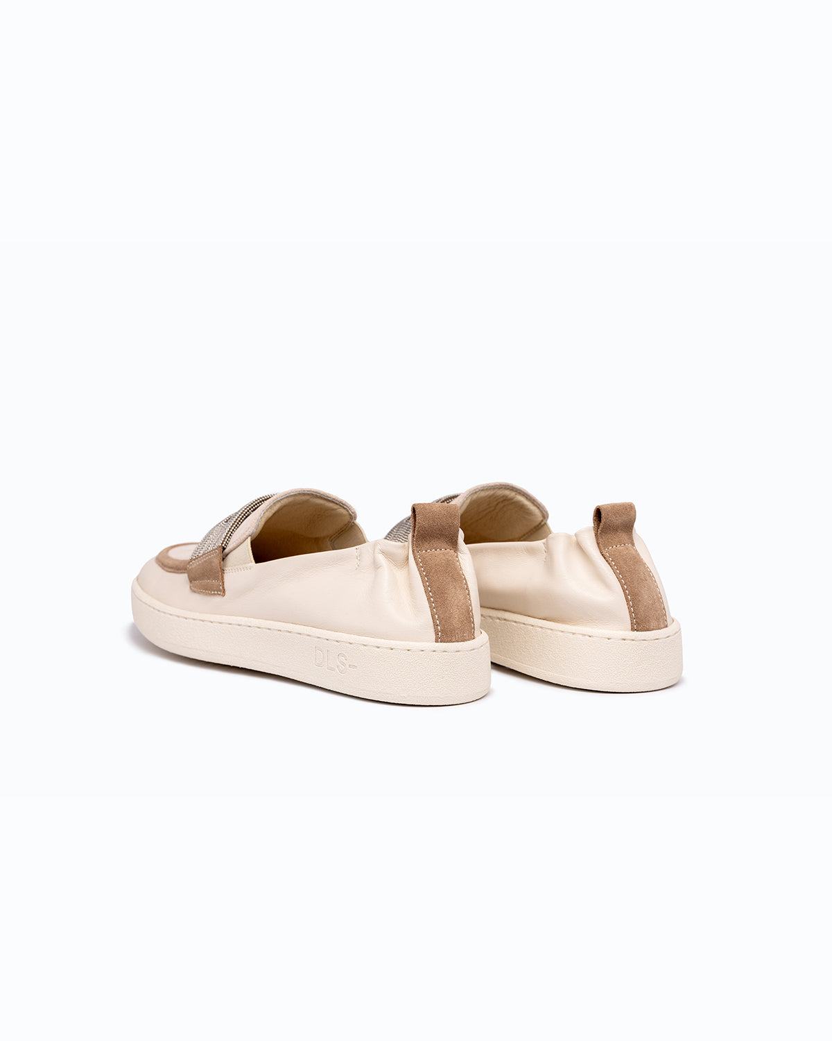 Off-white, silver nappa leather and velour DLS loafers, shown in a studio still life.