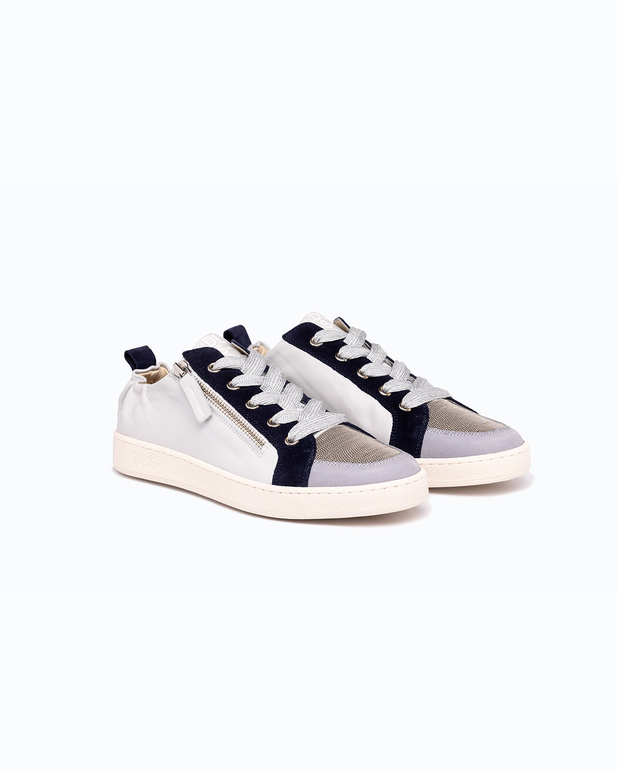 Sky blue, navy nubuck and nappa leather DLS sneakers, shown in a studio still life.