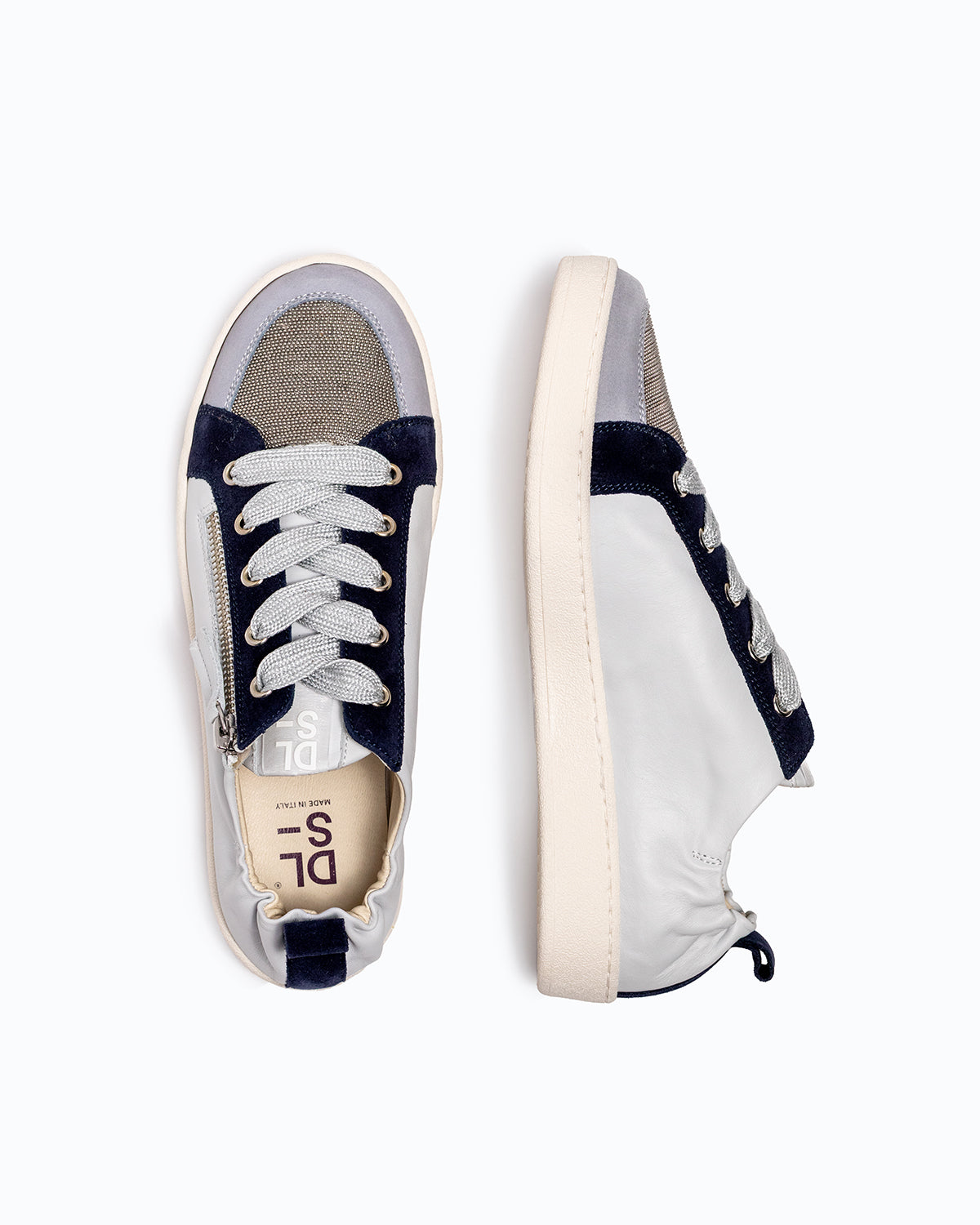 Sky blue, navy nubuck and nappa leather DLS sneakers, shown in a studio still life.