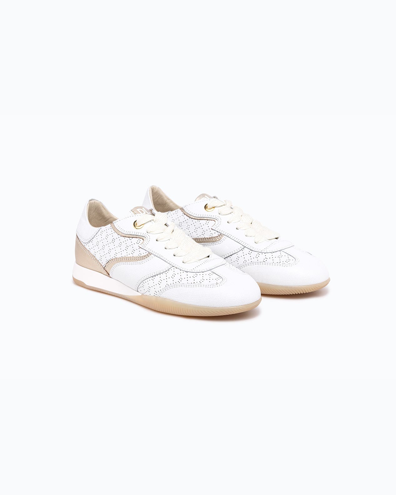 White, gold nappa leather DLS sneakers, shown in a studio still life.