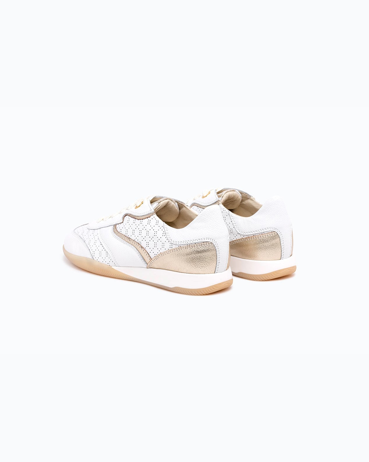 White, gold nappa leather DLS sneakers, shown in a studio still life.