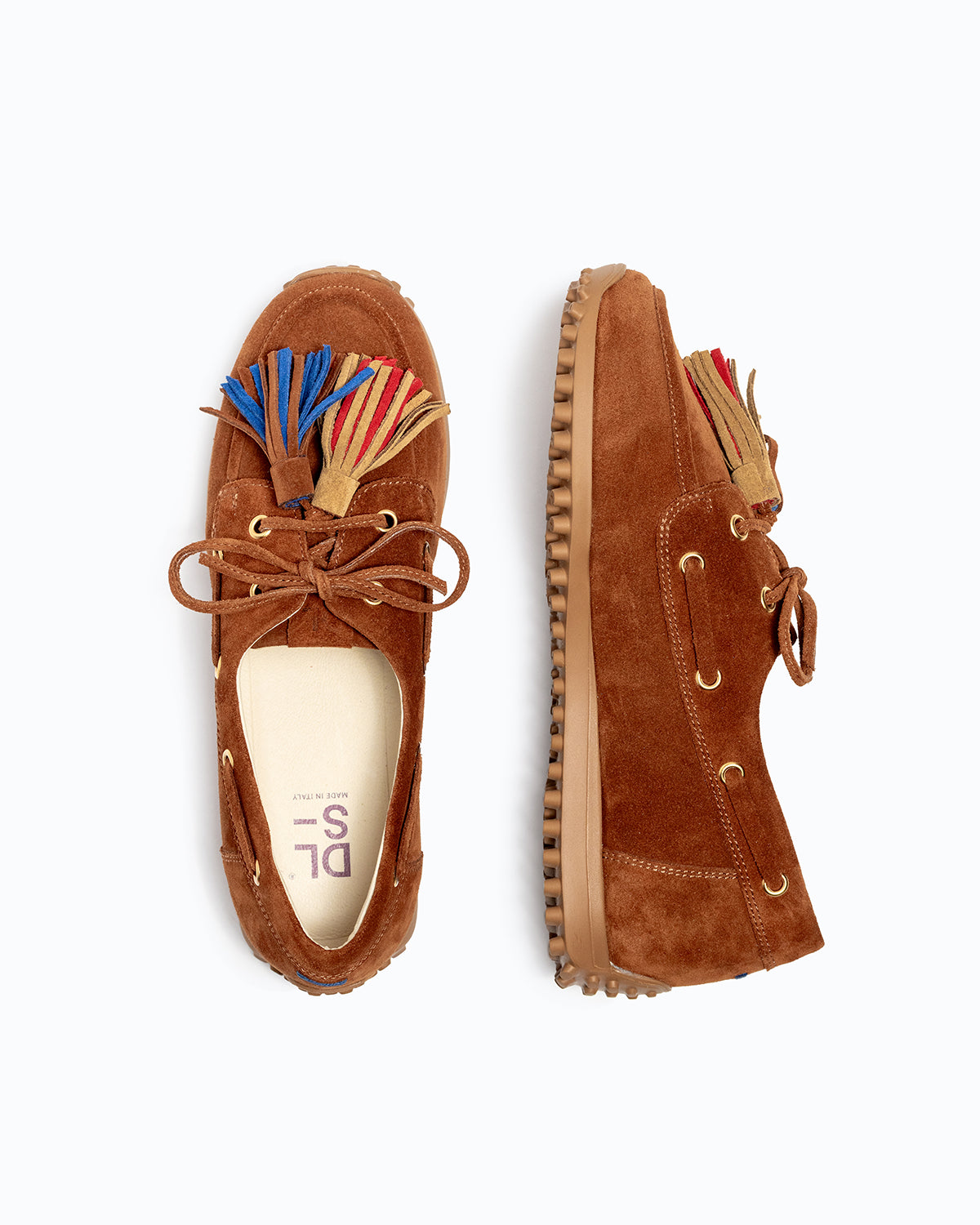 Brown, blue, red velour DLS boat shoes, shown in a studio still life.