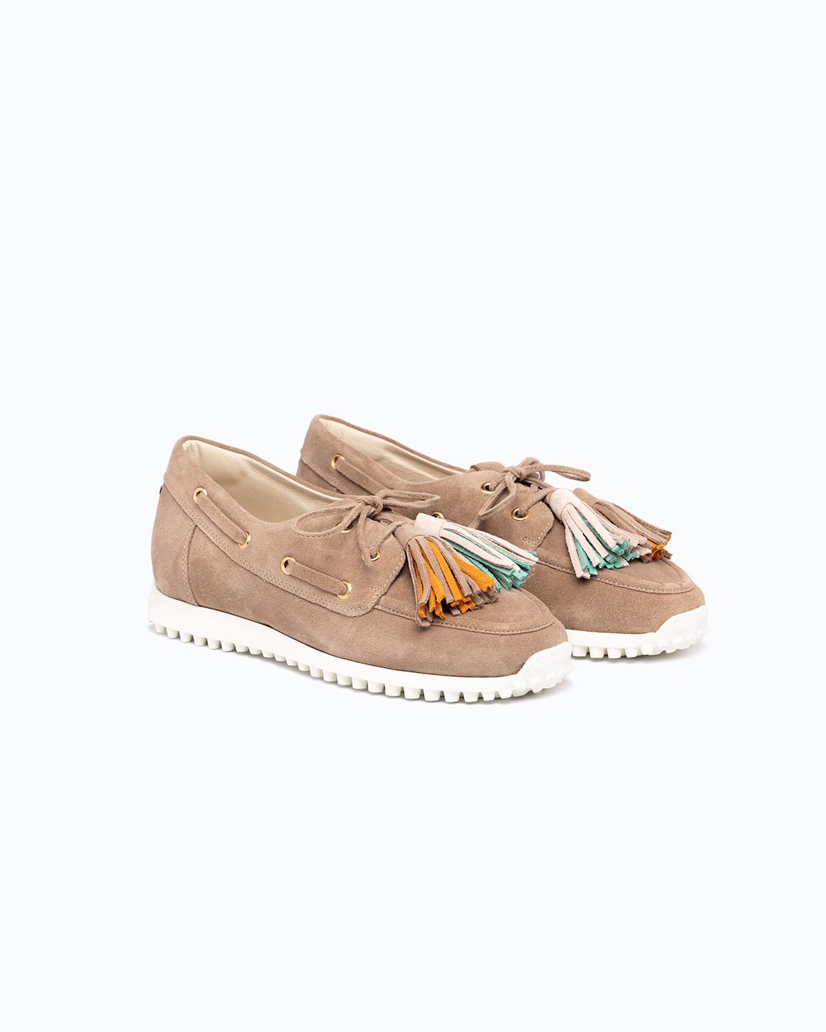 Grey, turquoise, orange velour DLS boat shoes, shown in a studio still life.