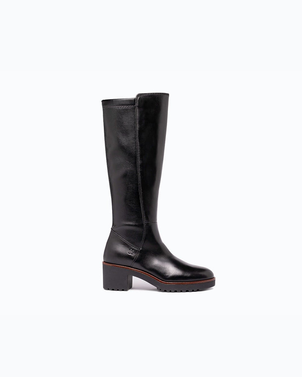 Black, brown DLS heeled boots, shown in a studio still life.
