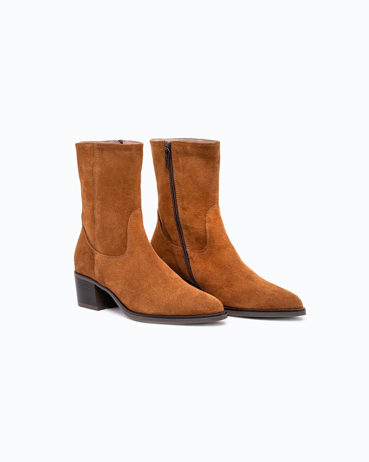 Brown leather and velour DLS ankle boots, shown in a studio still life.