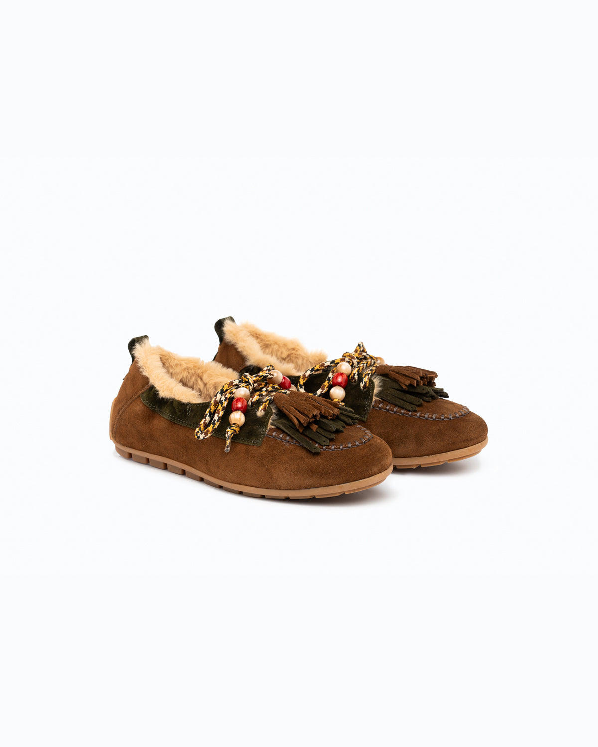 SANTIAGO FUR - Velour boat shoe - Cocoa and Green