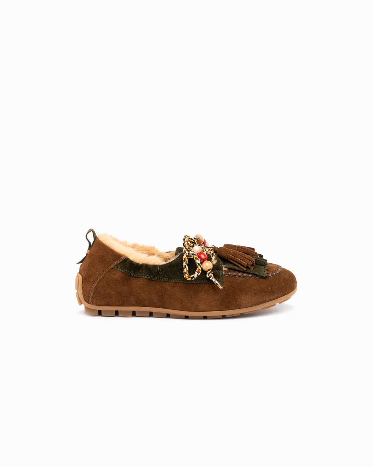 SANTIAGO FUR - Velour boat shoe - Cocoa and Green