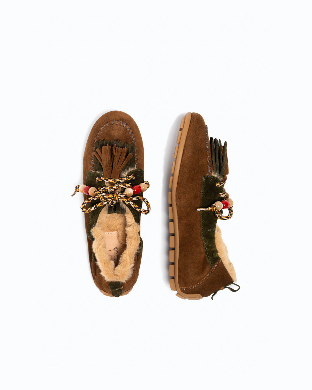 SANTIAGO FUR - Velour boat shoe - Cocoa and Green